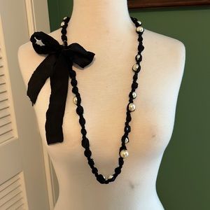 J. Crew Pearl Bead Ribbon Long Tie Necklace Black